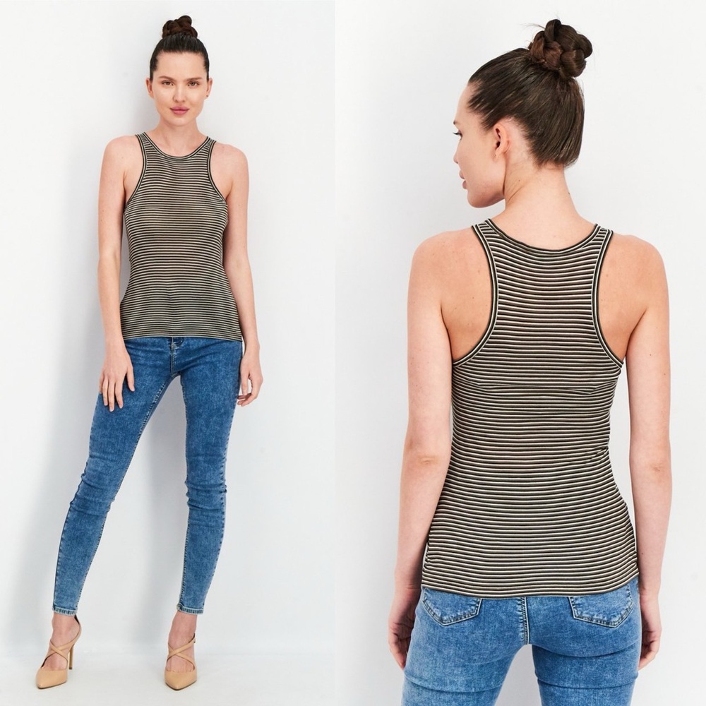 THEORY Jersey Racer Tank in Khaki Multi Light Stripe Sz M‎